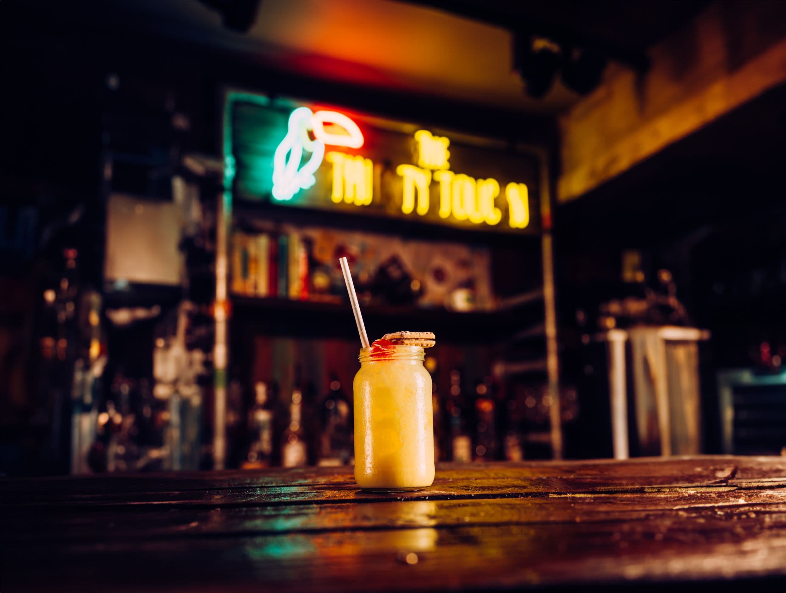 A festive snowball cocktail on the bar at Treetop Golf.